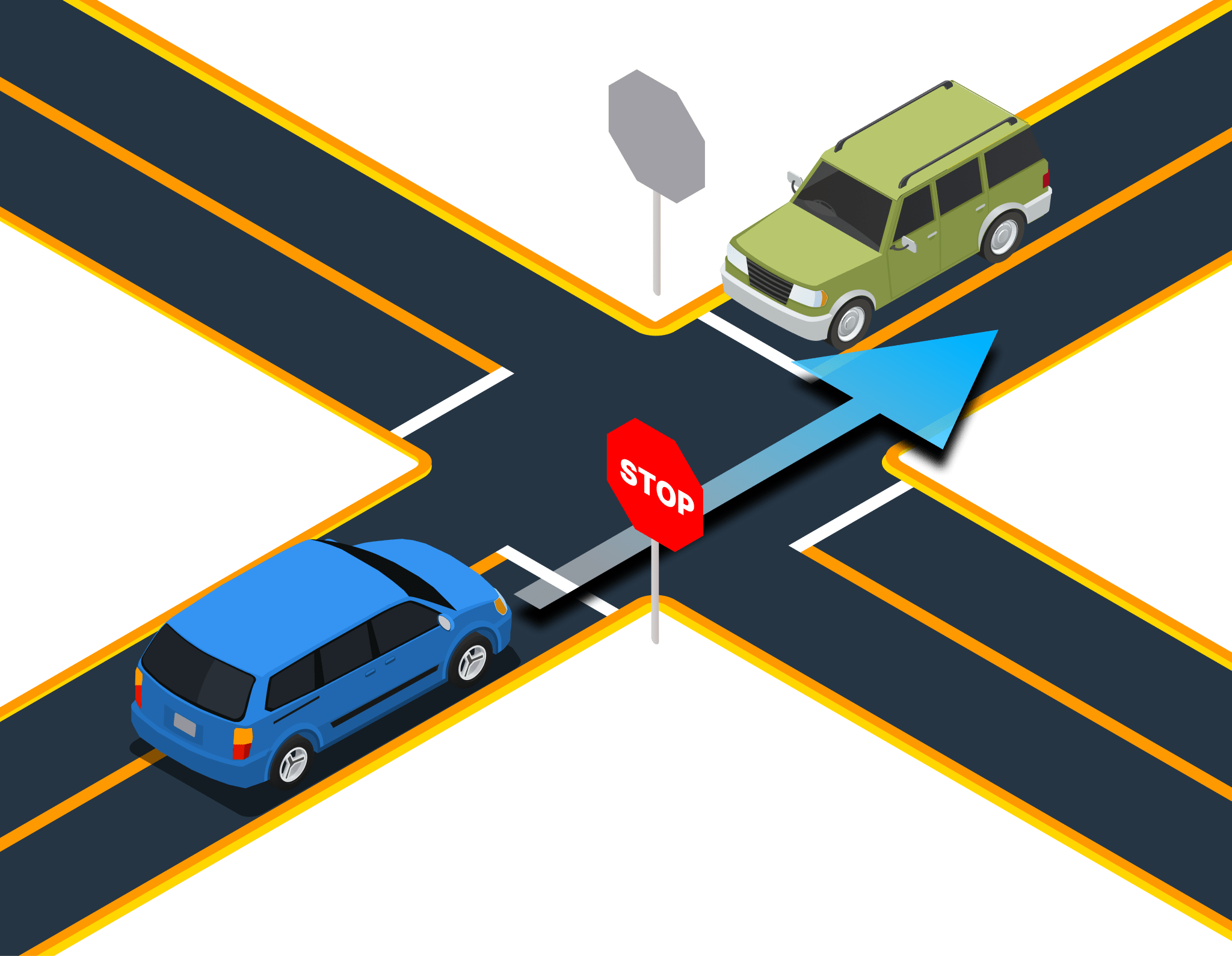 Illustration for: At an intersection with a two-way stop, if one of the drivers wants to turn left, what should happen?