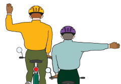 Illustration for: According to the two options for bicycle hand signals, what does it mean when a cyclist extends their right arm straight out?