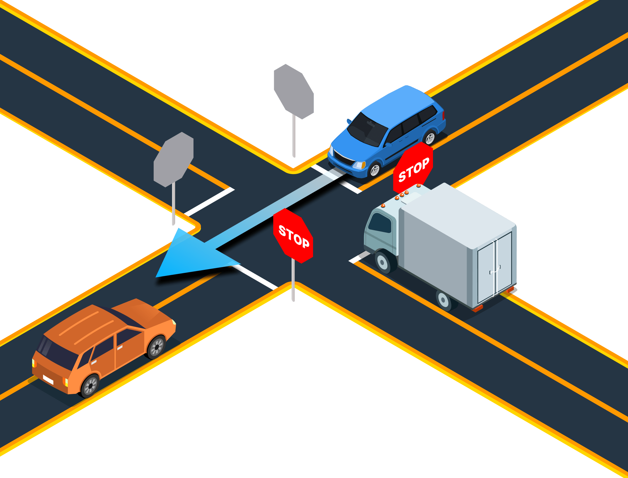 Illustration for: If two vehicles arrive at a 4-way stop at the same time, who goes first?