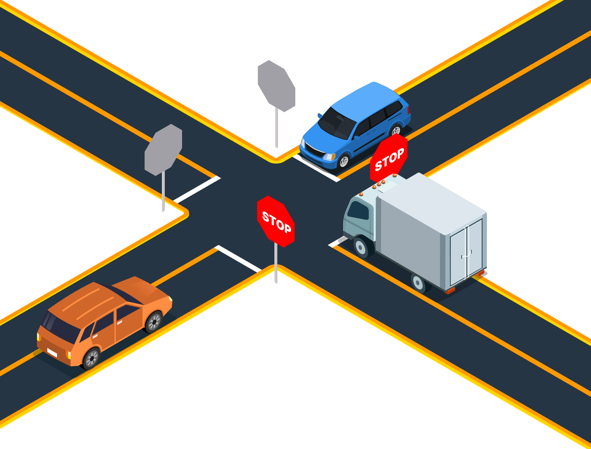 Illustration for: Two vehicles arrive at a four-way stop at the same time. Who has the right-of-way?