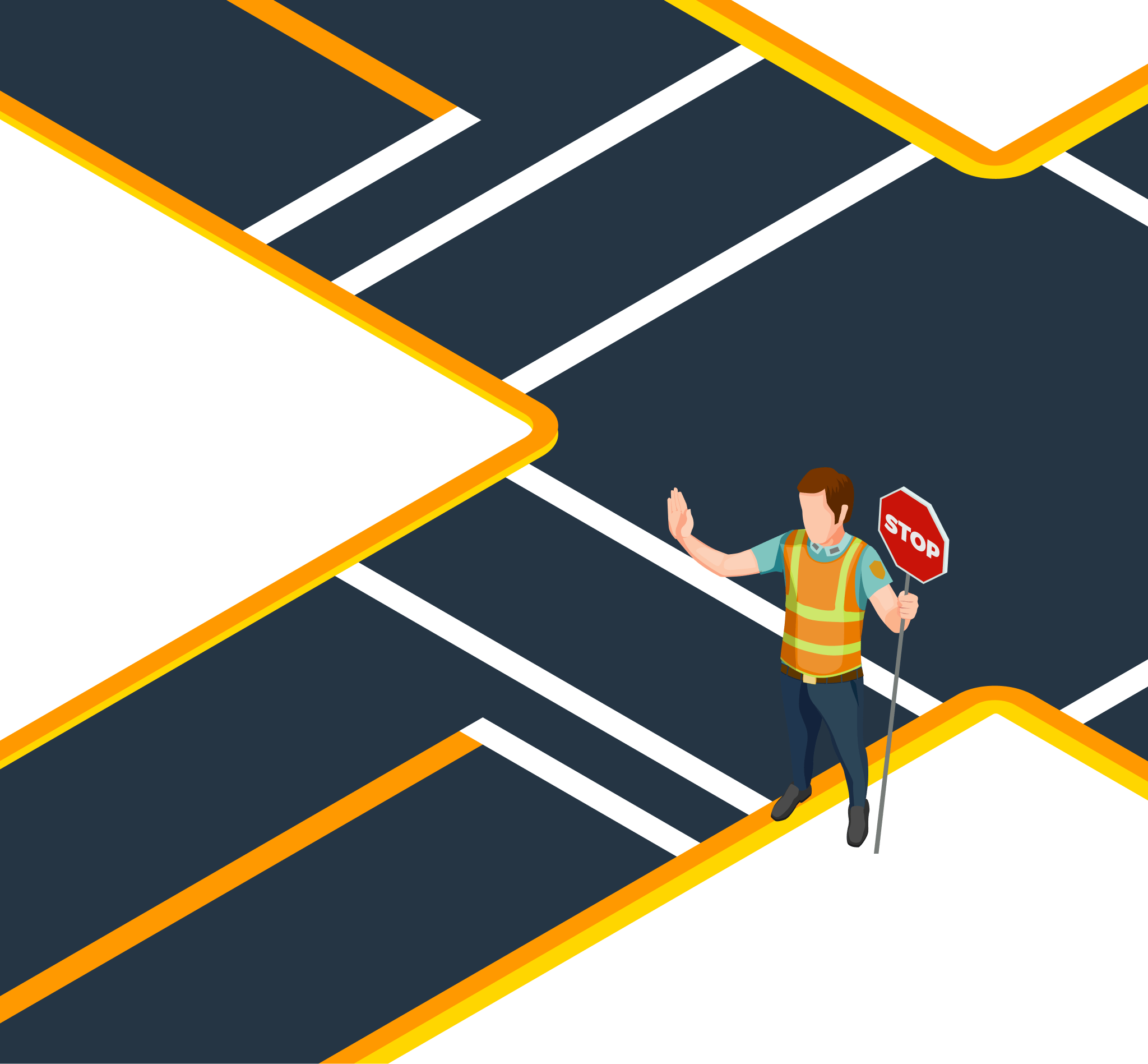 Illustration for: It is 6 PM and there is a school patrol at a crosswalk holding up a stop sign. You can see no children around. What should you do?