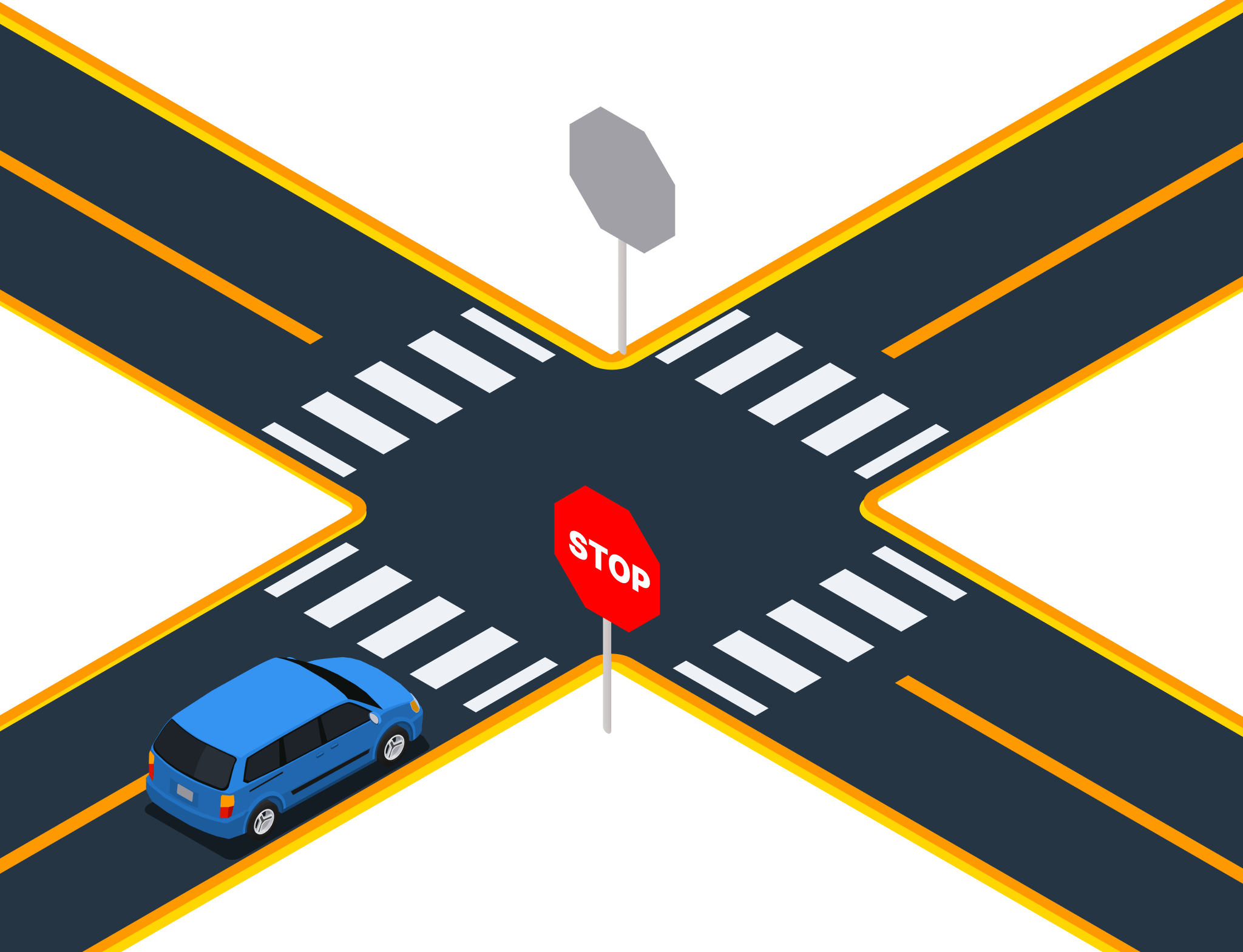 Illustration for: When approaching a stop sign with a pedestrian crosswalk but no stop line, where should you stop?