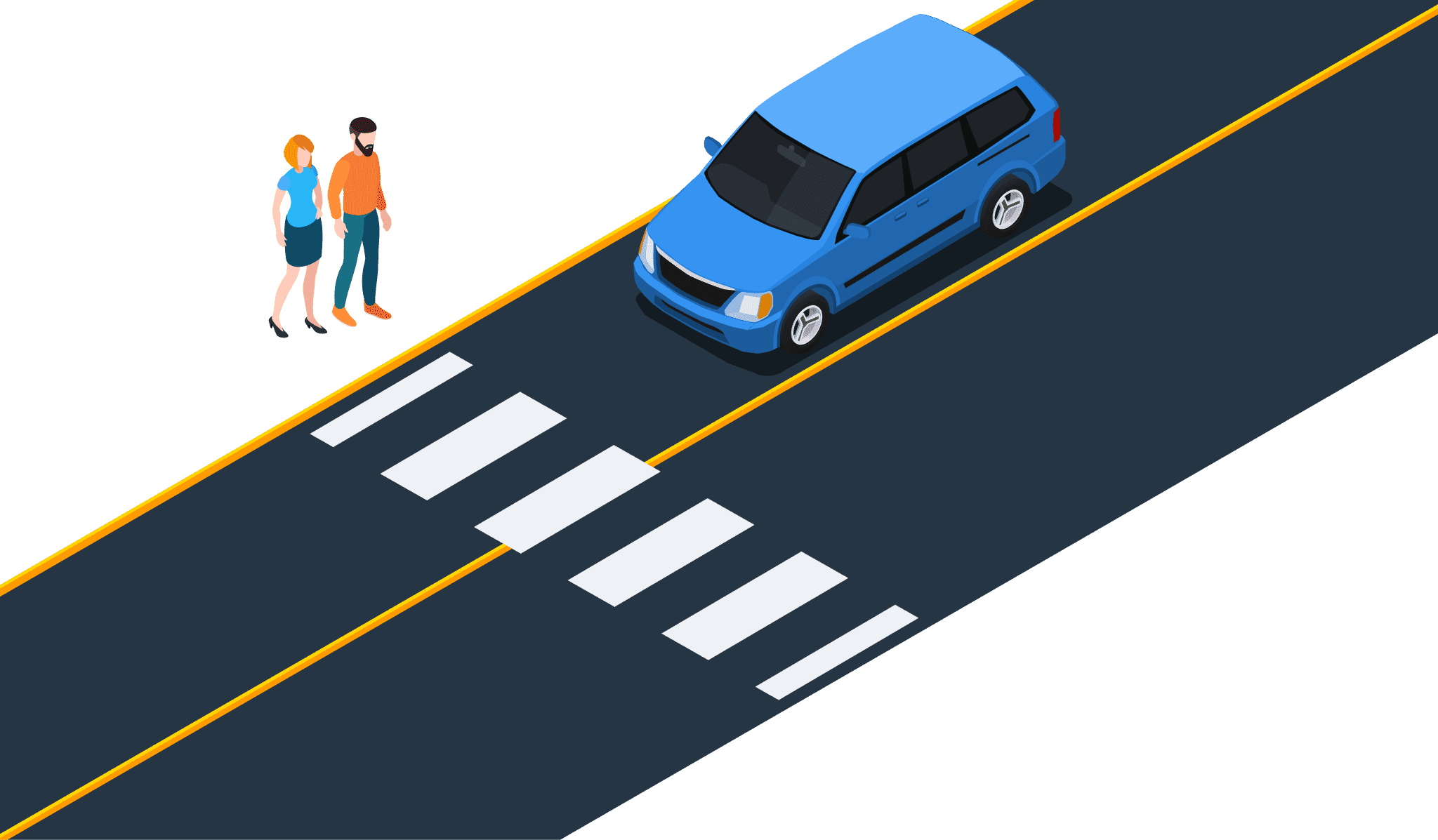 Illustration for: What should you do if you encounter a vehicle stopped at a crosswalk to allow a pedestrian to cross?