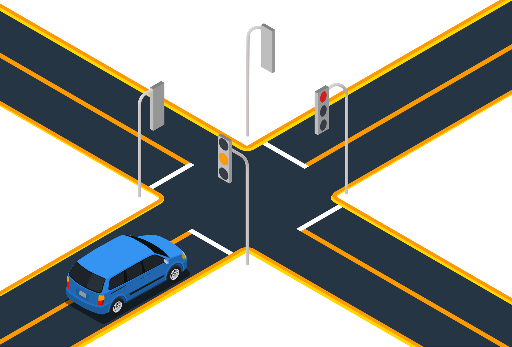 Illustration for: The traffic signal has just turned yellow. There are no other vehicles around. The blue car should: